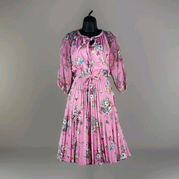 Lady Carol Of New York Dresses & Skirts - Vintage Lady Carol Floral Midi Dress Pink Puff Sleeve Tie Waist S